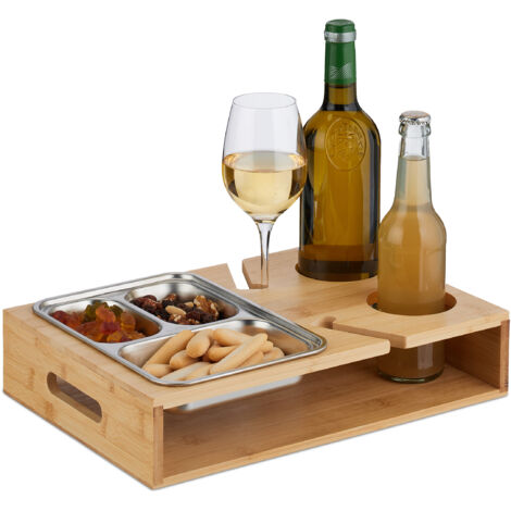 Relaxdays Plateau de service canapé, bambou, support pour snacks, boissons & verres, poignées, nature - argenté
