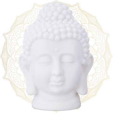 Tête de bouddha, lot de 2, statuette en plastique, HxlxP: 17x12x10 cm, déco feng shui, pour salon, salle de bains, blanc