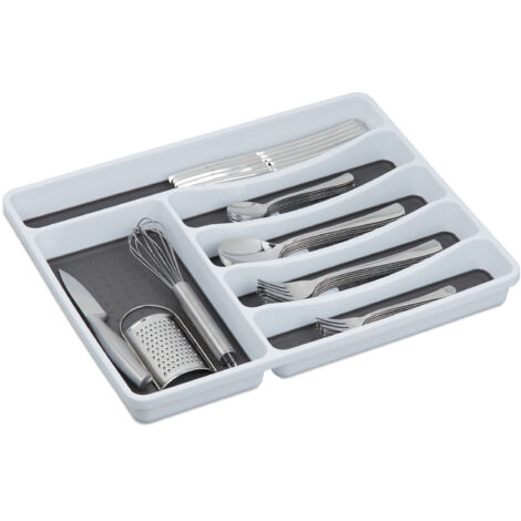 Boîte à couverts pour tiroir, lot de 2, range-couvert, rangement de cuisine, ustensiles, 4,5x33x40 cm, blanc/gris
