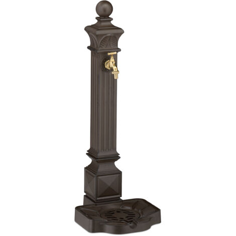 Relaxdays Fontaine extérieure de jardin, avec robinet et bac, HxLxP : 82 x 29 x 33 cm, aussi pour la terrasse, marron