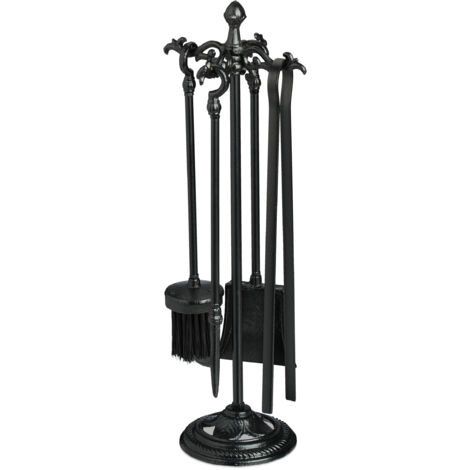 Relaxdays – Serviteur de cheminée 5 pièces – Tisonnier 39cm, pelle 39cm, balai 37cm, pince 40cm – Métal fonte noir – Design vintage élégant (1/5)