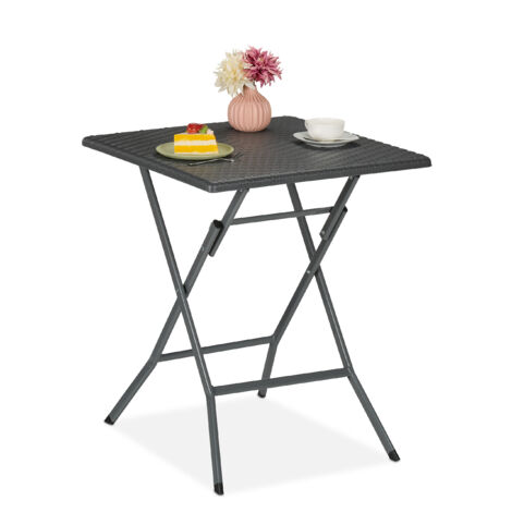 Relaxdays Table de jardin pliante, HLP : 73x62x62 cm, aspect rotin, en plastique et acier, pour balcon, terrasse, grise (1/5)