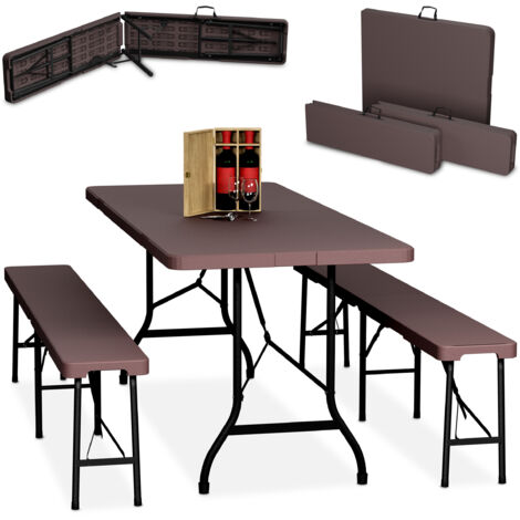 Relaxdays Ensemble table pliante et 2 bancs, pour jardin, pavillon ou camping, 180 cm, pour les fêtes, marron (1/5)