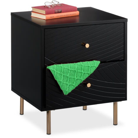Relaxdays table de nuit avec 2 tiroirs, table de chevet, HLP : 52x45x40 cm, pour chambre et salon, effet bois, noir/doré