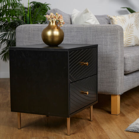 Relaxdays table de nuit avec 2 tiroirs, table de chevet, HLP : 52x45x40 cm, pour chambre et salon, effet bois, noir/doré