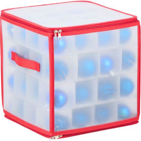 Relaxdays Boîte de rangement pour boules de Noël, 64 compartiments, HxLxP : 31 x 30 x 30 cm, transparent/rouge (1/5)