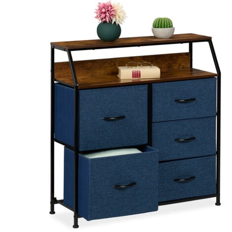 Relaxdays Commode à 5 tiroirs, 2 surfaces, HLP : 87 x 84 x 30 cm, meuble de rangement, chambre, salon, bleu/marron