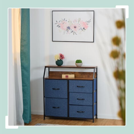 Relaxdays Commode à 5 tiroirs, 2 surfaces, HLP : 87 x 84 x 30 cm, meuble de rangement, chambre, salon, bleu/marron