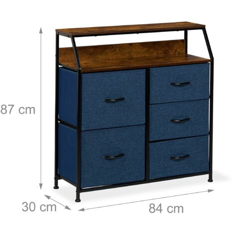Relaxdays Commode à 5 tiroirs, 2 surfaces, HLP : 87 x 84 x 30 cm, meuble de rangement, chambre, salon, bleu/marron