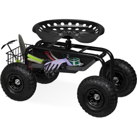 Relaxdays Siège roulant de jardin, hauteur réglable, 150 kg, accessoire jardinage, roues pneumatiques, noir