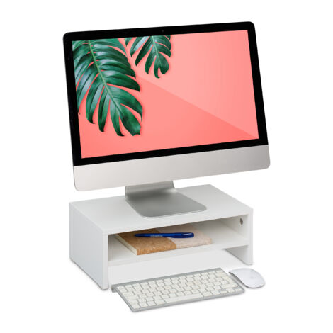Relaxdays Support pour moniteur, HxLxP :  14 x 40 x 23,5 cm, rehausseur écran, avec compartiment, pour le bureau, blanc (1/5)