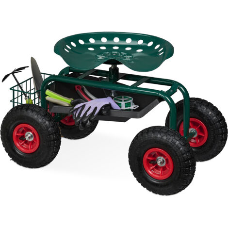 Relaxdays Siège roulant de jardin, hauteur réglable, 150 kg, accessoire jardinage, roues pneumatiques, vert