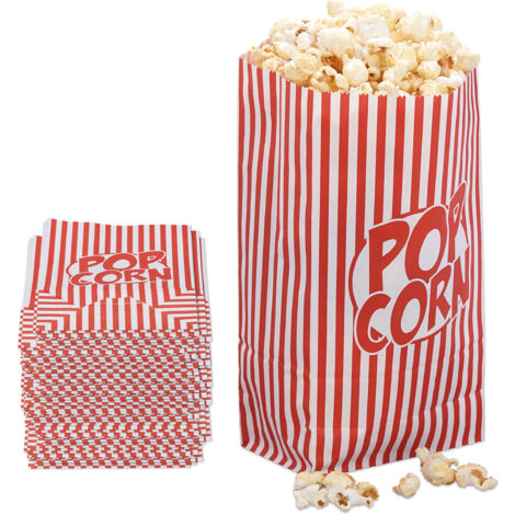 Relaxdays Sachets à popcorn, lot de 100, rayés, petits sacs, pour soirée cinéma, en papier, style rétro, rouge/blanc (1/5)