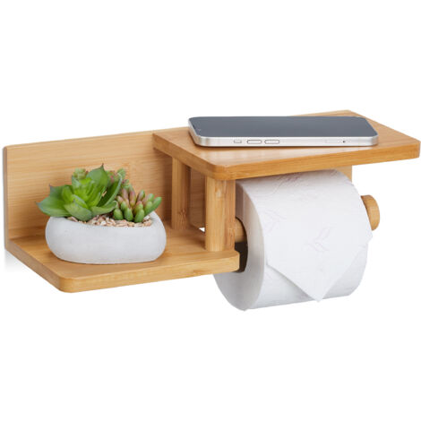 Relaxdays – Porte-papier toilette mural en bambou – 2 étagères pour smartphone et rouleau – Installation murale – Dimensions 9x31x12 cm