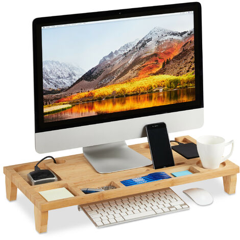 Relaxdays Support moniteur en bambou, Rehaussement écran PC, Support d’écran 8 compartiments, HLP 8 x 9 x 30cm, naturel