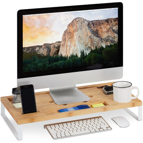 Relaxdays Support de moniteur, Rehausseur de PC en bambou et fer, moniteur  ou PC, organiseur de table ergonomique, blanc