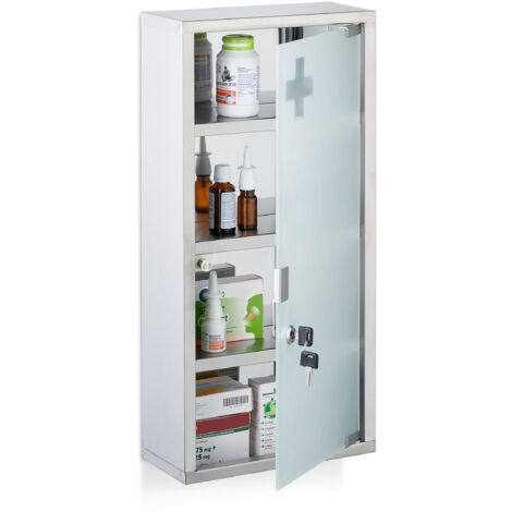 Relaxdays Armoire à pharmacie, 4 compartiments, acier inoxydable et verre opale, H x L x P : 57 x 27 x 12 cm. argentée