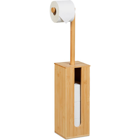 Relaxdays Support Papier Toilette Bambou Et Fer - Non Fixe Avec Espace Téléphone, Blanc Et Nature