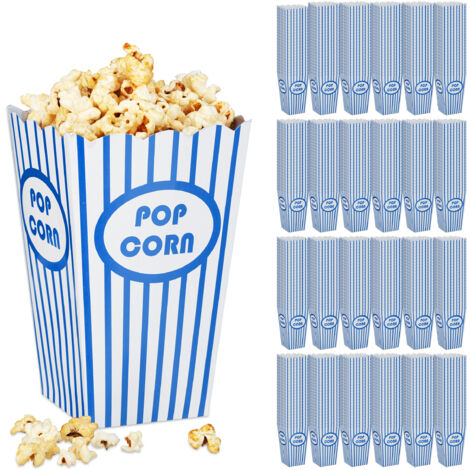 Relaxdays Sacs à pop-corn, 576 pièces, rayés, rétro, accessoires pour film, carton, contenants pour pop-corn, bleu/blanc