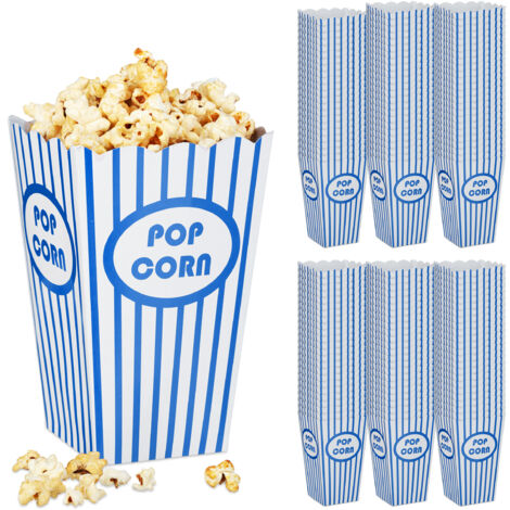 Relaxdays Sacs à pop-corn, 144 pièces, rayés, rétro, accessoires cinéma, carton, bleu/blanc