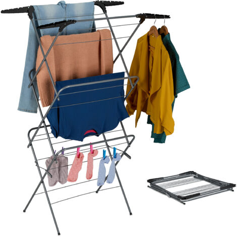 Relaxdays Séchoir à linge, 3 niveaux, pliable, support de cintre, HLP: 138x63,5x50 cm, étendoir tour compact, gris/noir (1/5)