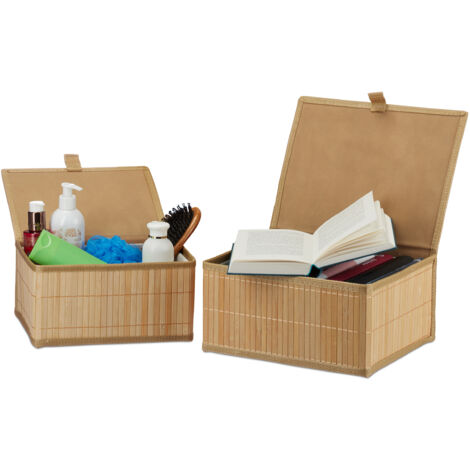 Relaxdays Bac de rangement, lot de 2, bambou et polyester, couvercle pratique, pour salle de bain et chambre, nature (1/5)
