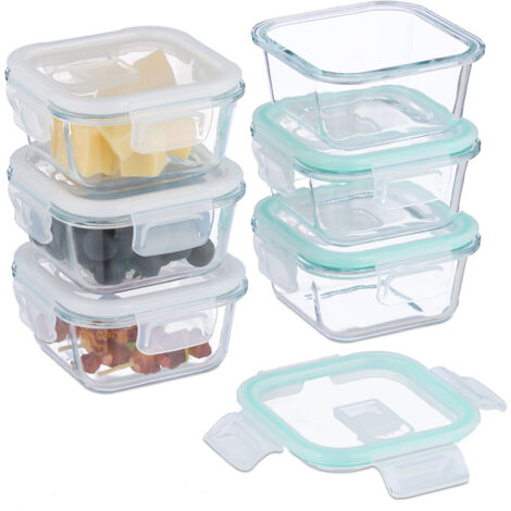 Relaxdays Boîtes alimentaires en verre, lot de 6, couvercle hermétique en plastique, 320 ml, récipients, transparents