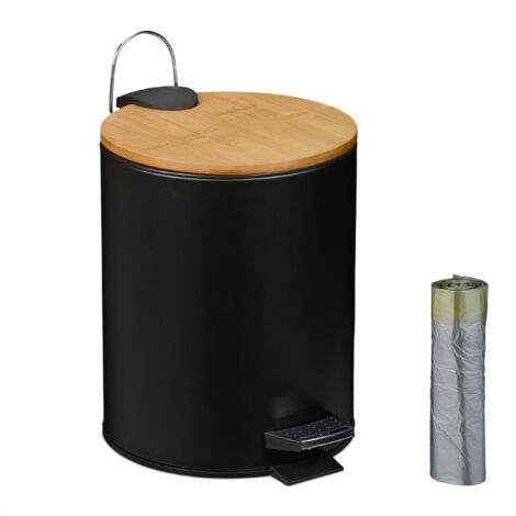 Relaxdays Poubelle de salle de bain avec sacs-poubelle, 5 litres, seau intérieur amovible, couvercle pratique, noire (1/5)