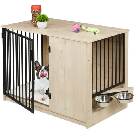 Relaxdays Canin, pour la maison, H x L x P : 65,5 x 102 x 60 cm, 2 gamelles pivotantes, box en MDF et acier, gris/noir