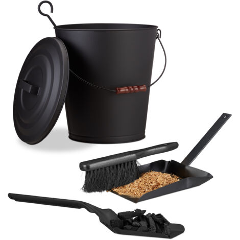 kit de nettoyage cheminée 3 pièces, seau à cendres avec couvercle, pelle plate, ensemble en acier, 24 litres, noir (1/5)