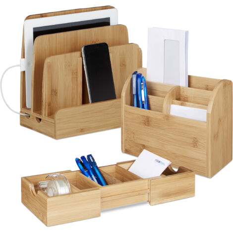 ensemble de 3 organisateurs de bureau en bambou, boîte de fiches, station de charge pour smartphones, courrier, naturel (1/5)