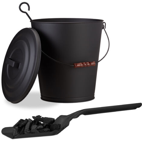ensemble de nettoyage cheminée, 2 pièces, seau à cendres, pelle, acier, couvercle, robuste, 24 L, noir (1/5)