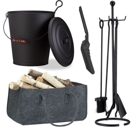 ensemble complet pour cheminée, 8 pièces, seau à cendres, pelle, sac à bois, accessoires, acier, feutre, noir/anthracite (1/5)