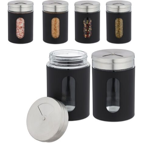 12 x saupoudreuses, 3 degrés de saupoudrage, épices et herbes, bocaux à épices XL, 290 ml, verre et inox, noir, en set (1/5)