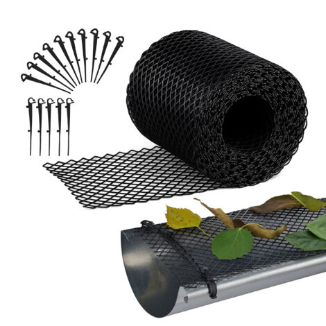 Relaxdays Protection contre les feuilles pour gouttières, 6 m de long, 15 cm de large, avec 15 clips, en plastique, noir (1/5)