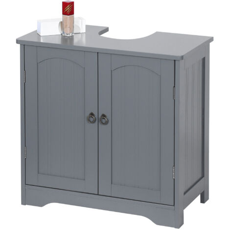 Relaxdays – Meuble sous vasque simple 60 x 60 x 30 cm – MDF gris avec 2 portes – Découpe pour siphon – Rangement optimisé salle de bain (1/5)