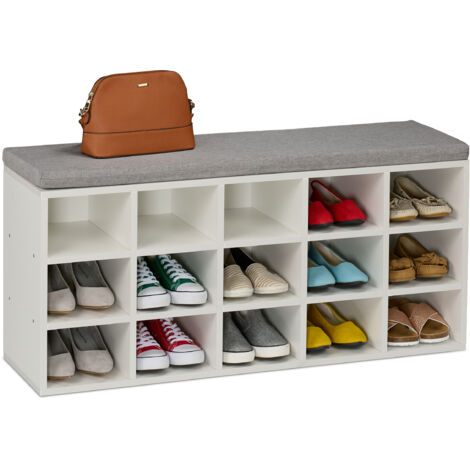 Relaxdays Banc à chaussures, 15 compartiments, H x L x P : 48 x 105 x 30 cm, pour l'entrée ou la chambre, blanc et gris (1/5)