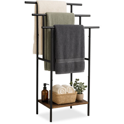 Porte-serviettes Relaxdays sur pied, 3 barres/étagère, 100 x 68 x 30 cm, style industriel, brun/noir
