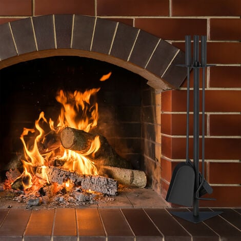 Relaxdays Serviteur pour cheminée, 4 pièces, ustensiles cheminée avec  tisonnier, pelle, balayette & support, accessoires
