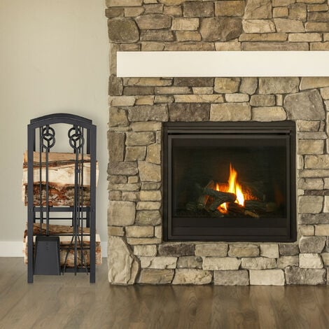 Relaxdays Etagère de cheminée pour intérieur Support élevé bois de chauffage  Cheminée, Acier HxlxP 170 x 44,5x30cm Noire