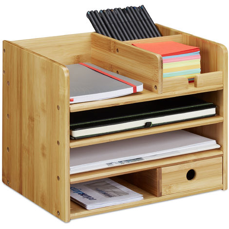 Relaxdays Organiseur de bureau, 2 tiroirs, bambou & MDF, boîte de  rangement, ordre, HLP 14 x 25 x 20 cm, blanc