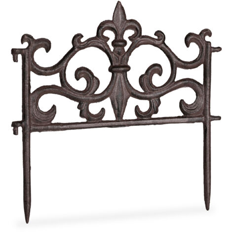 Relaxdays Bordure de jardin fonte de fer, clôture jardin en métal piquet plate-bande antiquités, HxL: 27 x 27 cm, brun