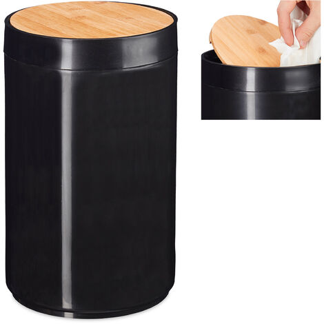 Relaxdays poubelle salle de bain 5l, couvercle oscillant en bambou,  moderne, plastique, 5,5 L, H x D 26,5 x 18 cm, noir