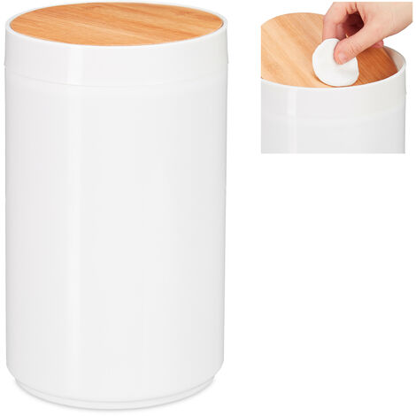 Relaxdays poubelle salle de bain 5l, couvercle oscillant en bambou,  moderne, plastique, 5,5 L, H x D 26,5 x 18 cm, blanc