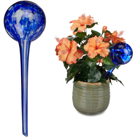 Relaxdays Globes d’arrosage lot de 2, Distributeur eau plantes et fleurs, outil de bureau, Ø 9 cm, verre, bleu (1/5)