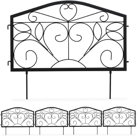Relaxdays bordure potager, clôture jardin 4 éléments, fer, antique, ornements, H x L : 33 x 225 cm, noir (1/5)
