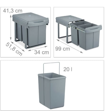 Relaxdays poubelle encastrable coulissante, 2 bacs, système de trie pour le  sous-évier, 2x 20 l, HLP 41x34x52 cm, gris : : Cuisine et Maison