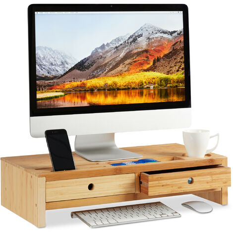 Relaxdays Support pour moniteur, bambou, rehausseur pour écran avec 2  tiroirs & compartiments, 14 x 60 x 30 cm, nature