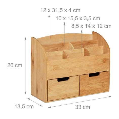 Relaxdays Organiseur de bureau, 6 compartiments, 2 tiroirs, fournitures