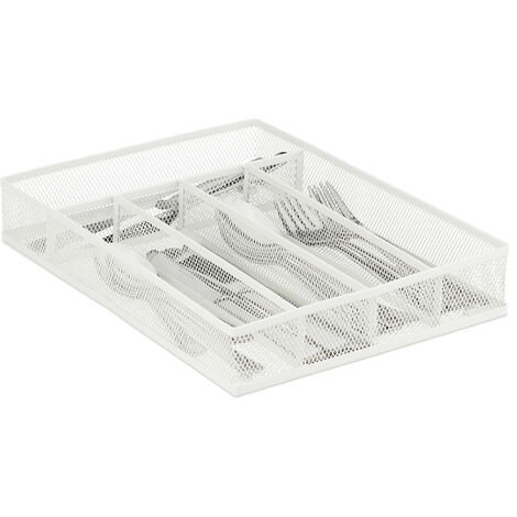 Relaxdays Bac à couverts en métal, organiseur de tiroir, ustensiles, 5  compartiments, Maille 5,5 x 29 x 41 cm, blanc